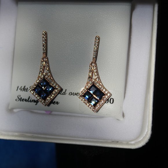 Sterling 'N' Ice 14k Rose Gold Over Silver Montana Blue Crystal Dangle Earrings - Picture 4 of 4